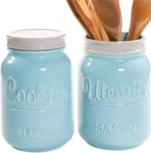 Mason kurabiye kavanozu ve mutfak aleti tutucu seti-büyük hava geçirmez seramik kurabiye kavanozu kurabiye kavanozu-eski çiftlik evi mutfak aleti tutucu-rustik dekoratif - Product Image 2