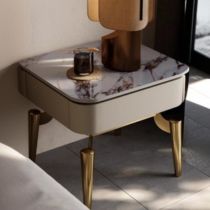 Mesa de <span class=keywords><strong>Noche</strong></span> Moderna y Minimalista de Acero Inoxidable Multifuncional con Superficie de Piedra, Mueble para Dormitorio - Product Image 4