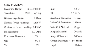 Driver de Altavoz Profesional de Audio W18-15 de 18 Pulgadas y 2400W AES con Bobina de Voz de Fibra de Carbono de 5 Pulgadas, Accesorios para Altavoz Woofer - Product Image 4