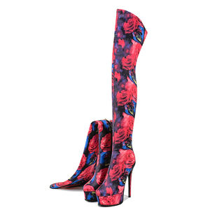 Big Size 48 Side Zipper Thigh High <b>Boots</b> Women's Stiletto Thick <b>Platform</b> Over-knee Floral Pattern <b>Boots</b> Stretchy Fabric Shoes - Product Image 2
