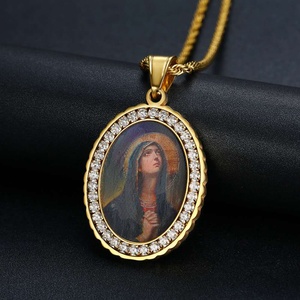 European Christian Religious Custom Photo Memory Square Stainless Steel Crystal Round Frame <b>Solid</b> Silver <b>Gold</b> Plated <b>Pendant</b> - Product Image 3