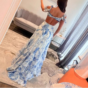 Floral Print Chiffon Evening Dress With Ruffles Halter Neck Deep V Empire Waist Full <b>Skirt</b> Breathable Spring Style - Product Image 2