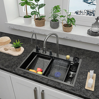 Évier de cuisine moderne en acier inoxydable Sus304 à cuve unique, robinet cascade multifonction, rinçage de verre, quatre fonctions intelligentes, nano