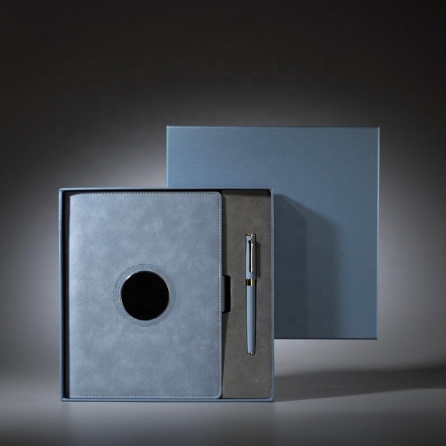 Blue Corporate A5 PU Leather Charging Smart Diary Notebook with Power Bank and Usb Gift Sets with Wireless Charging Notebook
