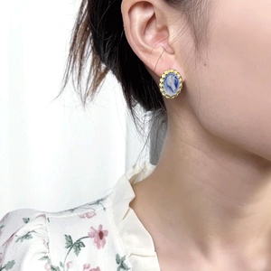 Boucles d'oreilles clous Heizun rétro en <span class=keywords><strong>argent</strong></span> sterling 925 plaqué or 18 carats avec serti clos, forme ovale, pierre bleue, agate et <span class=keywords><strong>camée</strong></span> pour femme - Product Image 5