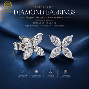 Élégantes boucles d'oreilles clous en forme de fleur avec diamants de laboratoire taille marquise, en or 10K, 14K, 18K ou platine, bijoux de luxe pour le quotidien et les cadeaux - Product Image 3