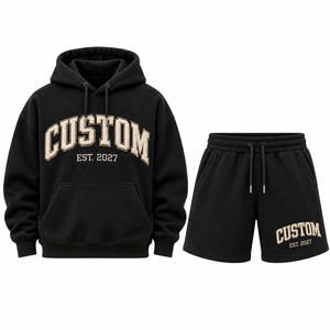 Conjunto de Sudadera con Capucha y Pantalones Cortos Bordados Personalizados para Hombre, Negro, Felpa Francesa, Ropa Casual de Otoño, Diseño de Logotipo Frontal, Algodón/Poliéster - Product Image 1