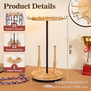 Wooden Baseball Ring <b>Display</b> <b>Stand</b> With Necklace Rack <b>Rotatable</b> Desktop Storage For Jewelry And Champion Rings - Product Image 5