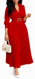 Abito elegante da <span class=keywords><strong>donna</strong></span> con maniche a 3/4, scollo a V, gonna lunga plissettata a trapezio con cintura in vita, adatto per cocktail e feste formali - Product Image 4