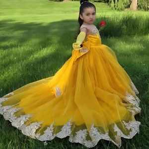Vestidos de Niña de las Flores Amarillos Personalizados <span class=keywords><strong>para</strong></span> Boda, Apliques de Encaje y Tul con Lazo, Primera Comunión, <span class=keywords><strong>Vestido</strong></span> Clásico <span class=keywords><strong>para</strong></span> Banquete de Cumpleaños - Product Image 2