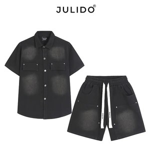 Meilleure vente hommes grande taille sergé Denim ensemble court nouveauté mode bouton deux pièces ensemble respirant coton tricoté - Product Image 2
