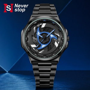 Montre à quartz avec boîte, bracelet en acier inoxydable, luminescente, avec affichage rotatif de roue de voiture de sport, tendance N946 pour homme - Product Image 3