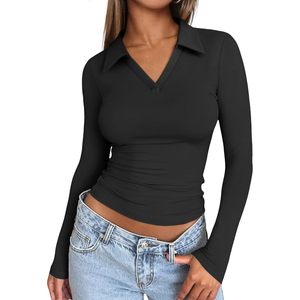 Trendy Queen 2025 <b>Women's</b> Long Sleeve for <b>Polo</b> T <b>Shirts</b> V-Neck Slim Fit Business Tops Soft Sexy Outfits for Fall/Winter Fashion - Product Image 3