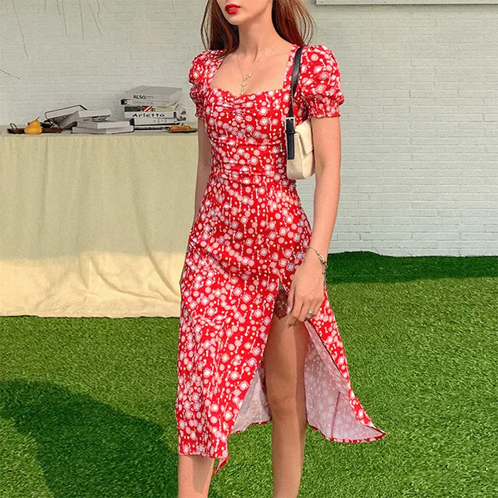 2021 Floral Print Square Collar Dresses New Summer Ruffle Puff Sleeve Slim Split Midi Woman Chiffon Dress