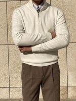 Pull-over pour homme, couleur unie, manches longues, tricoté, fermeture éclair sur le devant, coupe ajustée, décontracté, business, 100% coton
