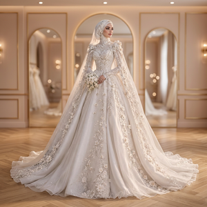 Bridal White Ball Gown Wedding Dress High Neck Long Sleeves Cathedral/Royal Train <b>Princess</b> Waistline Floral Embroidery Classic - Product Image 2