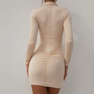 Minivestido ajustado con cuello en V, manga larga, plisado, de color liso, para cóctel, moda femenina - Product Image 2