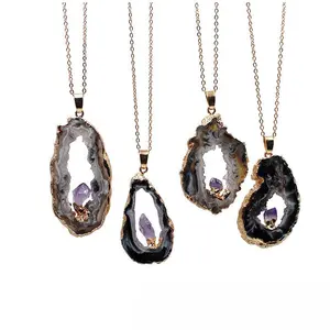 Natural Agate Edge Geode Pendant Brazil Amethyst Raw Stone Plated Necklace Pendant Hollow Agate Gilding Pendant Jewelry