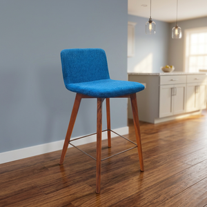 Modern Blue Rattan Bar <b>Stool</b> with Fixed Armrest <b>Wooden</b> Legs and Metal Base for Home Bar Use - Product Image 4