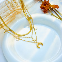 Collares de Moda Impermeables de Acero Inoxidable Chapado en Oro de 18K con Diseño de Luna y Estrella, Multicapa para Mujer