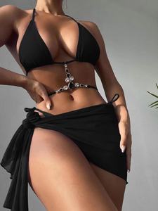 Couleur unie 3 pièces ensemble Bikini licou col en V cravate <span class=keywords><strong>dos</strong></span> nu côté coupe haute avec couverture maillots <span class=keywords><strong>de</strong></span> <span class=keywords><strong>bain</strong></span> enveloppants maillots <span class=keywords><strong>de</strong></span> <span class=keywords><strong>bain</strong></span> pour femmes - Product Image 6