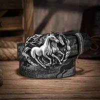 Ceinture en cuir vintage pour homme, style western, avec boucle en cuir sculptée motif cheval et boucle à plaque en corne de taureau