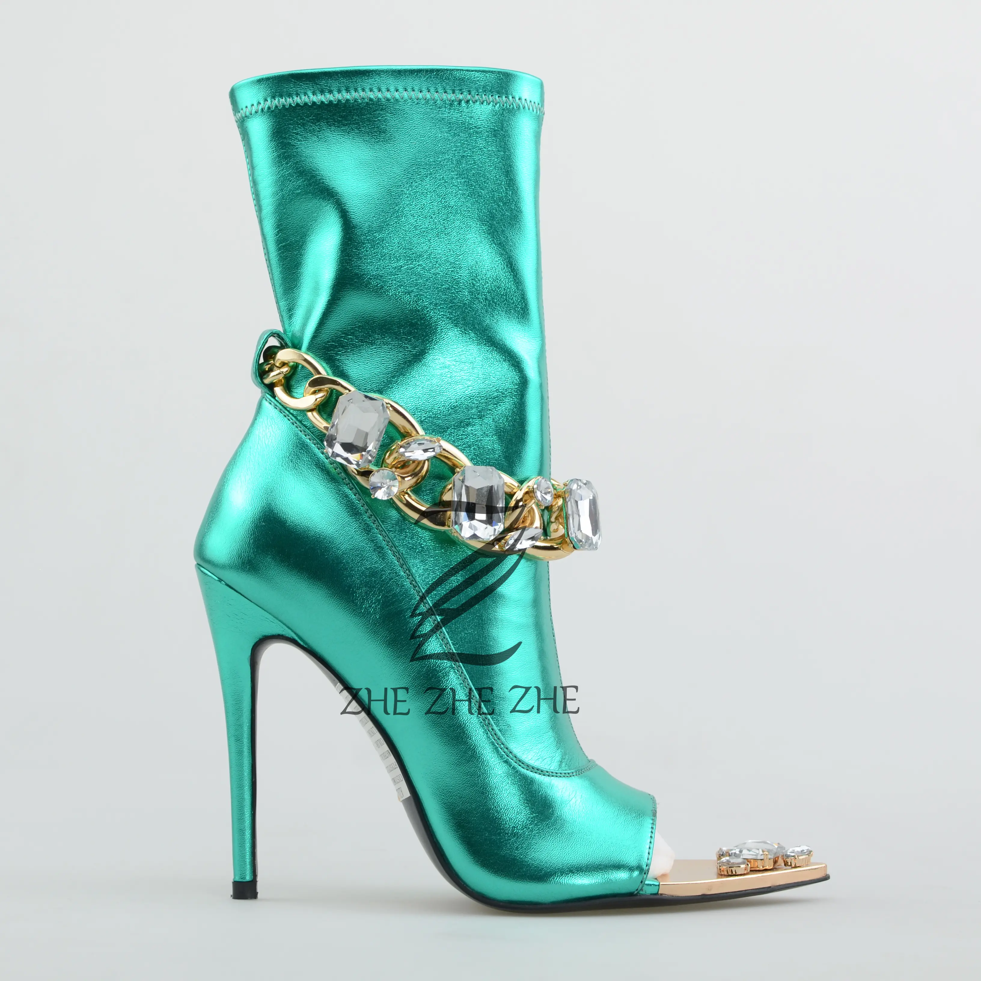 Ladies high heel calf boots with leaky toe gold metallic diamond shoe tip decoration green ankle boots