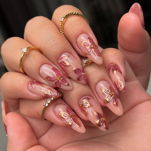 Puntas de Uñas Almendradas con Flores Doradas 3D, Estilo Delicado, Reutilizables, 24 Piezas - Product Image 1
