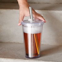 Mug à café ODM sans BPA de 450 ml, avec logo personnalisé, double paroi, en plastique transparent réutilisable, avec paille et couvercle, pour boissons chaudes ou froides (thé, jus, eau)