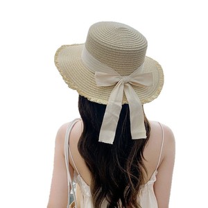 Frayed Flat Top <b>Straw</b> <b>Hat</b> Khaki Black Bow Women's Summer Sun Protection Beach Sunshade <b>Hat</b> Color Blocking Design Adult Female - Product Image 5