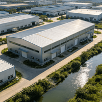 Atelier en structure métallique préfabriquée robuste, certification ISO9001/CE, durée de vie de 70 ans, pour stockage et distribution industriels