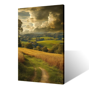 Tela eco-compatibile in stile realista supporta la pittura di paesaggio di dolci colline di campagna sentiero tortuoso campo di grano maturo chiaro - Product Image 2