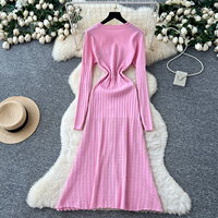 Robe élégante pour femmes, rose, tricotée, à manches longues, style A, décontractée, avec décoration boutonnée, pour tous les jours, pour les fêtes, robes pour femmes