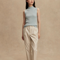 Atasan Tank top rajut pendek kerah gulung musim panas desain baru wanita 100% kaus kasual katun tanpa lengan bersirkulasi