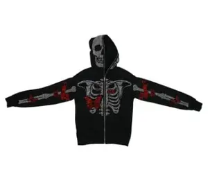 Custom Premium Hoodie Street Style Fashion Skull Rhinestones Destroyed Hoodie Revenge Hoodie