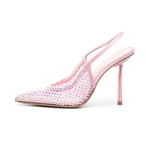 Sandales d'été pour femmes à bout pointu en maille, ornées de strass, à talons fins, style slingback, pour le quotidien - Product Image 4