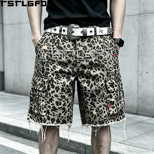 Cut And Sew Leopard Print Denim Cargo Shorts Heavyweight Vintage Wash Distressed Raw Hem Y2K Streetwear Shorts Bulk - Product Image 4