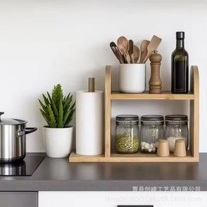 Wooden <b>Kitchen</b> Spice Rack Countertop Storage With <b>Paper</b> Towel Holder 2 Tier Multifunctional Organizer For Home Use - Product Image 3