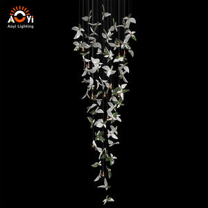 Lustre LED <span class=keywords><strong>en</strong></span> céramique <span class=keywords><strong>blanche</strong></span> à motif floral - Luminaire suspendu d'inspiration naturelle pour escalier, idéal pour villa et atrium d'hôtel - Product Image 6