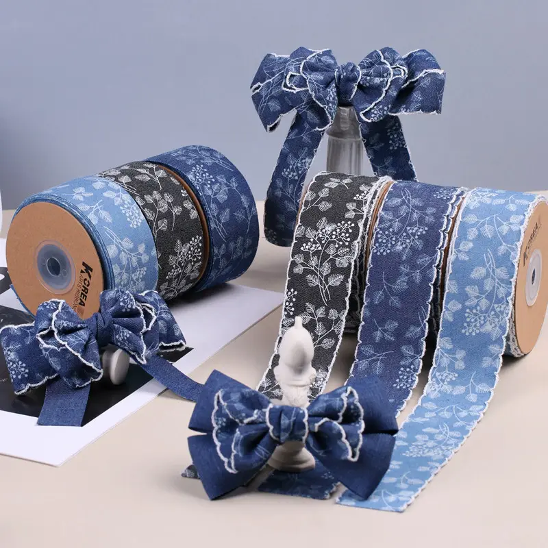 Wholesale Print Soild Color Denim Ribbon Lace for DIY Handmade Bow Hair Accessories 10yards