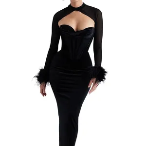 2023 Lady Elegant Sexy Velvet Party Celebrity Long Sleeve Black Feather Corset Dress Two Piece Party Evening Dress For Women