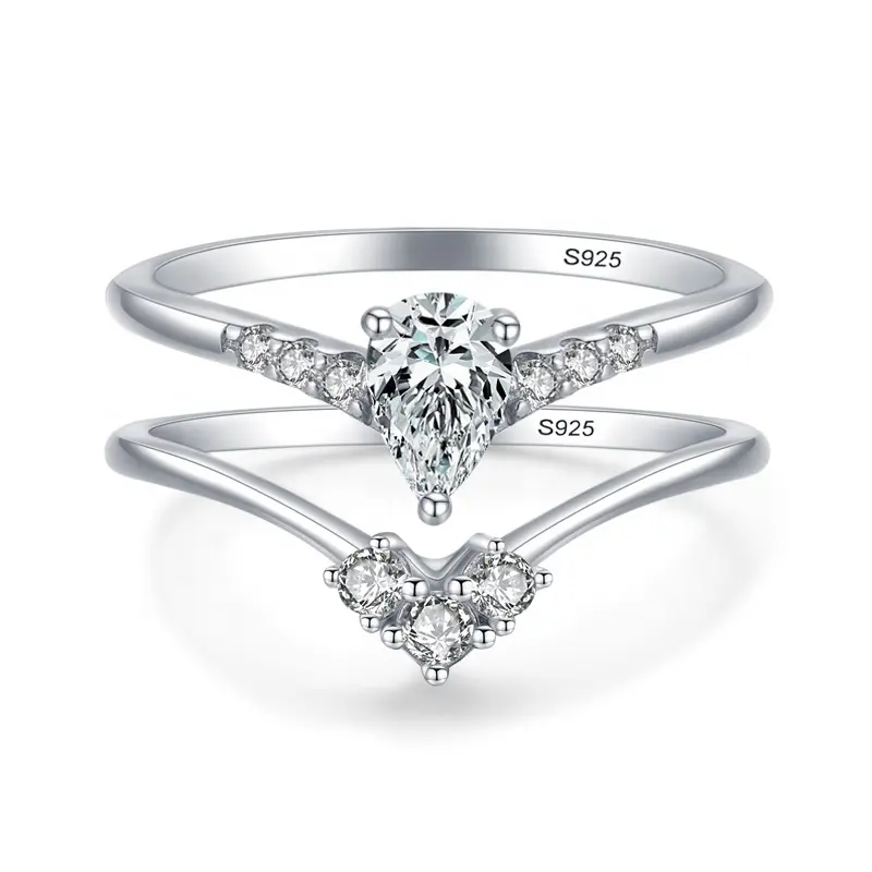 Hot sale 2 in 1 925 sterling silver ring set with high quality cubic zirconia wedding diamond silver rings for women