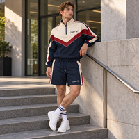 Survêtement rétro personnalisé à blocs de couleur avec fermeture éclair quart de tour pour homme, veste et short tissés avec logo imprimé pour les sorties décontractées quotidiennes