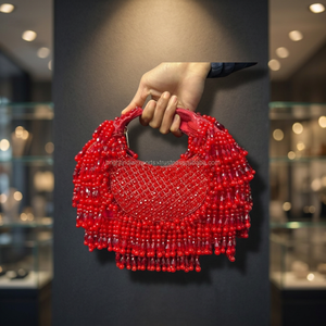 Sac de soirée demi-lune brodé de haute qualité avec anse en anneau, perles rouges faites à la main, fermeture éclair, élégant sac à main de fête - Product Image 3