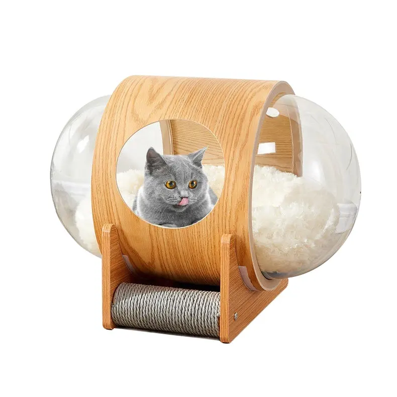 Vente en gros Chine Capsule spatiale moderne en plastique et bois Cages pour chat villa condos Maison pour animaux de compagnie avec lit moelleux