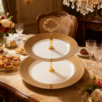 Plateau de service de luxe en céramique dorée à 2 niveaux, écologique et durable – Assiette à dessert double couche pour hôtels, thé de l'après-midi et usage domestique