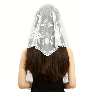 Women Lace Triangle Embroidered Scarf Tassel Church Shawl Pendant Spanish Lace Mantilla Veil Head Cover