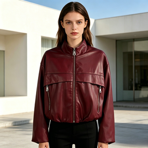 <strong>Burgundy</strong> Stand Collar Zipper PU <strong>Leather</strong> <strong>Jacket</strong> Women's Short <strong>Leather</strong> <strong>Jacket</strong> Factory Custom Colors Sizes - Product Image 2