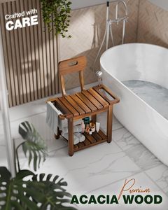 Chaise de douche moderne en bois d'acacia massif de 23,4 pouces avec dossier et étagère de rangement, siège de bain antidérapant pour personnes <span class=keywords><strong>âgée</strong></span>s, capacité de 450 lb - Product Image 4
