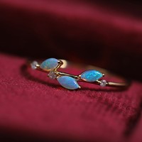 Bague délicate en argent 925 plaqué or 18 carats avec opale marquise bleu-vert en forme de feuille, bagues fines